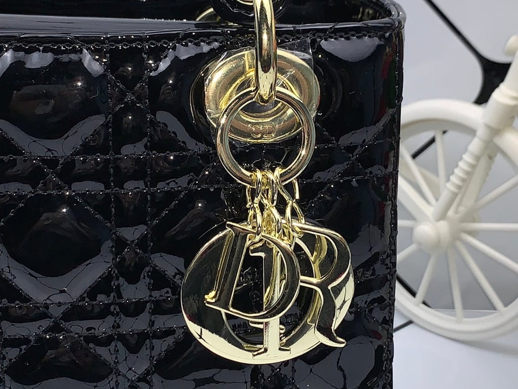 DIR MEDIUM LADY BLUSH CANNAGE LAMBSKIN BAG SHINY BLACK 20CM HIGH QUALITY