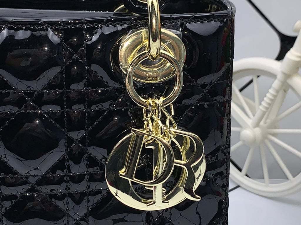 DIR MEDIUM LADY BLUSH CANNAGE LAMBSKIN BAG SHINY BLACK 20CM HIGH QUALITY