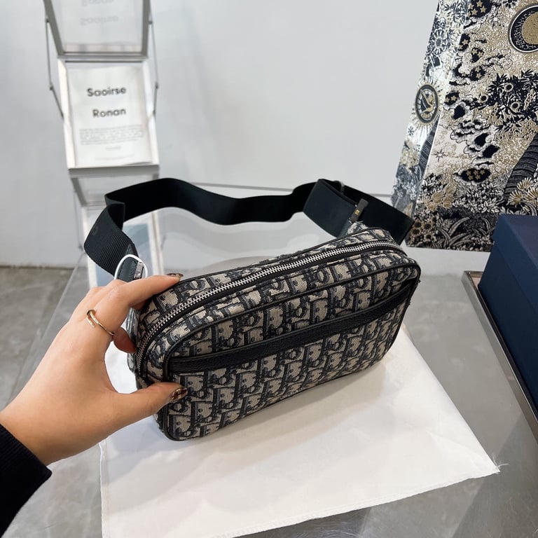 DIR OBLIQUE JACQUARD BLACK AND BEIGE BELT BAG 24CM HIGH QUALITY