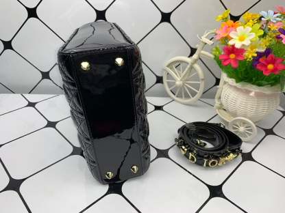 DIR MEDIUM LADY BLUSH CANNAGE LAMBSKIN BAG SHINY BLACK 20CM HIGH QUALITY