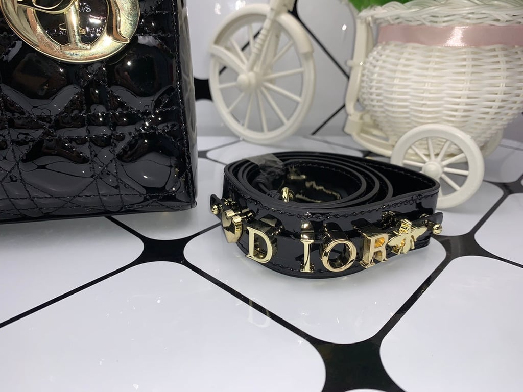 DIR MEDIUM LADY BLUSH CANNAGE LAMBSKIN BAG SHINY BLACK 20CM HIGH QUALITY