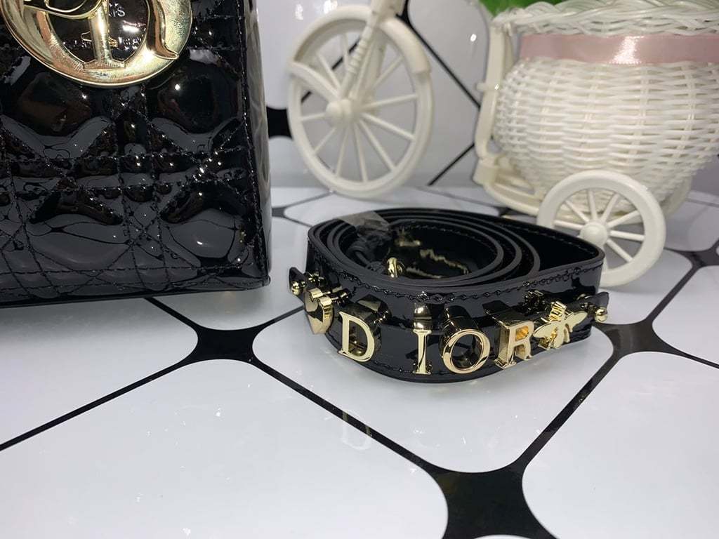 DIR MEDIUM LADY BLUSH CANNAGE LAMBSKIN BAG SHINY BLACK 20CM HIGH QUALITY