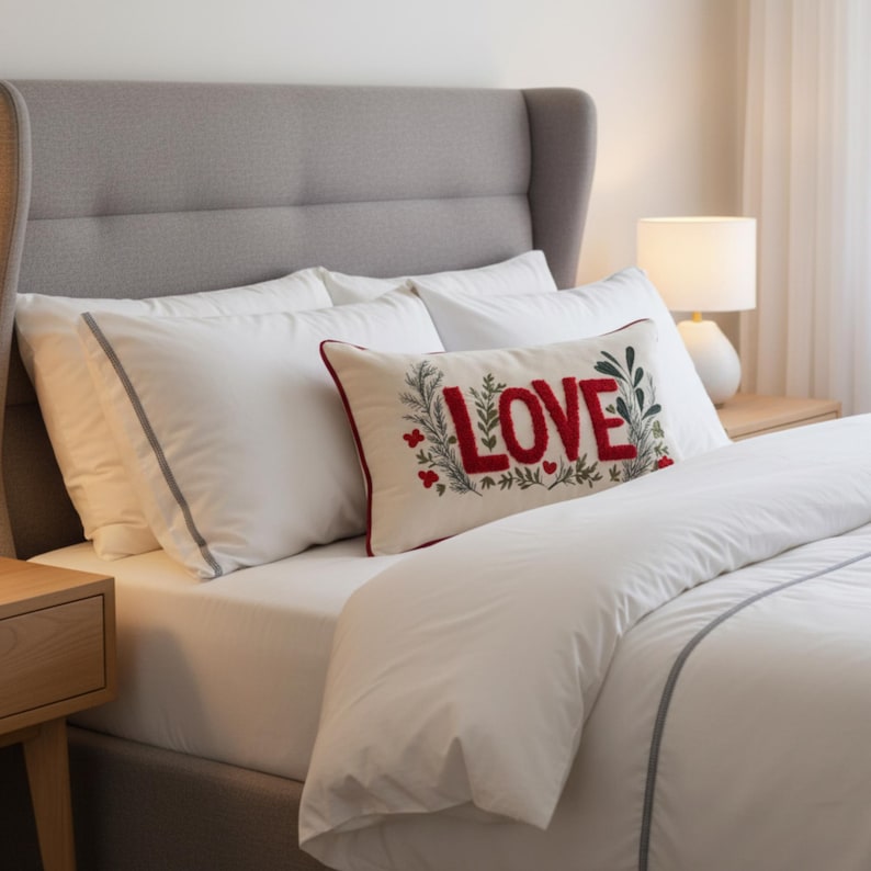 Love Embroidered Lumbar Pillow Cover: Romantic Valentine’s Cushion Case, Couple Decorative Pillowcase