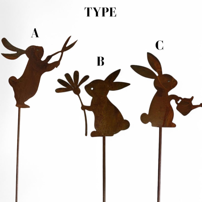 Rustic Metal Rabbit Garden Stakes - Set of 3 Easter Yard Art