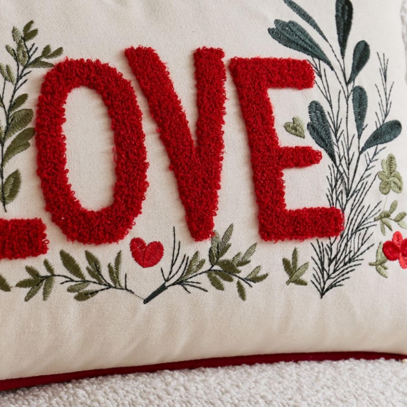 Love Embroidered Lumbar Pillow Cover: Romantic Valentine’s Cushion Case, Couple Decorative Pillowcase