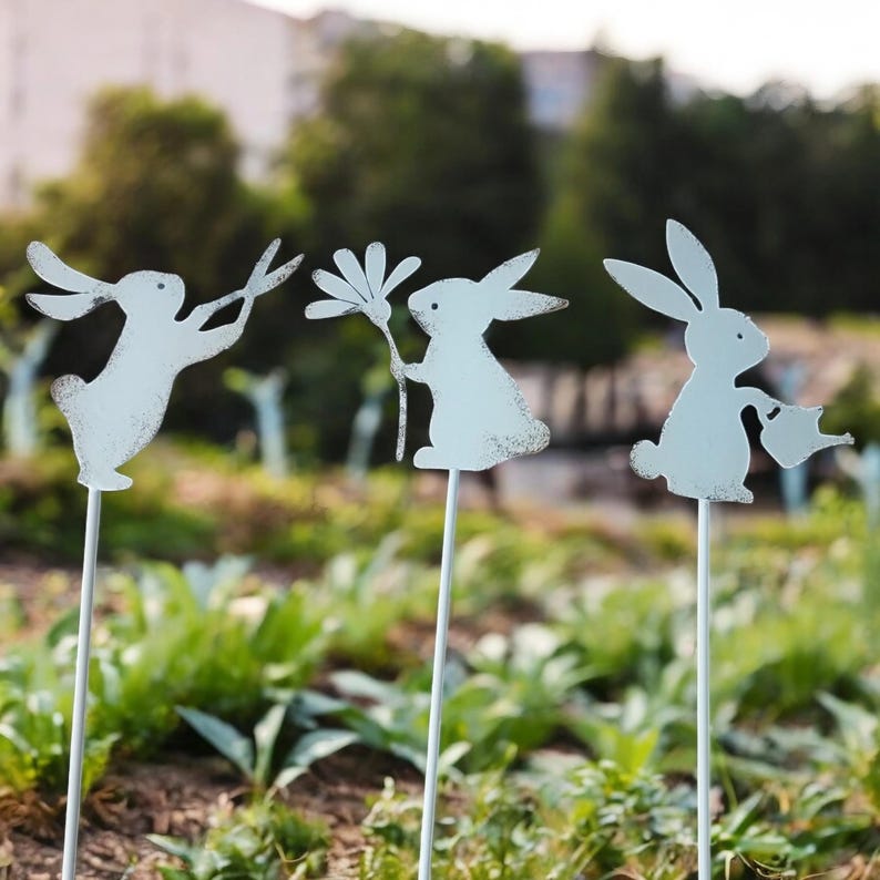 Rustic Metal Rabbit Garden Stakes - Set of 3 Easter Yard Art