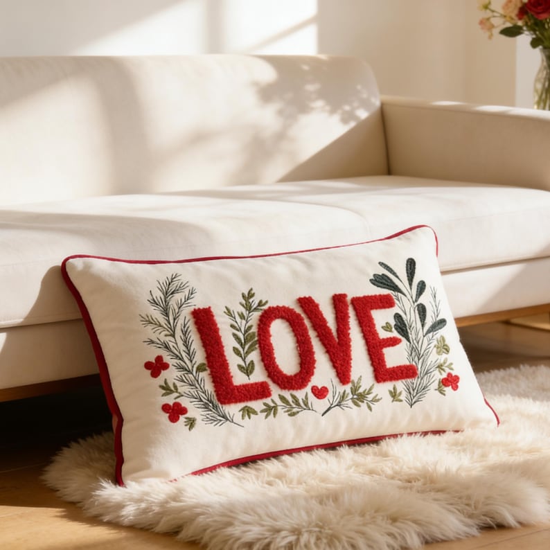 Love Embroidered Lumbar Pillow Cover: Romantic Valentine’s Cushion Case, Couple Decorative Pillowcase