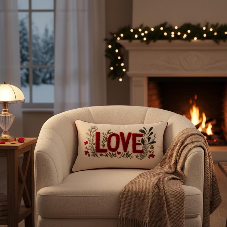 Love Embroidered Lumbar Pillow Cover: Romantic Valentine’s Cushion Case, Couple Decorative Pillowcase
