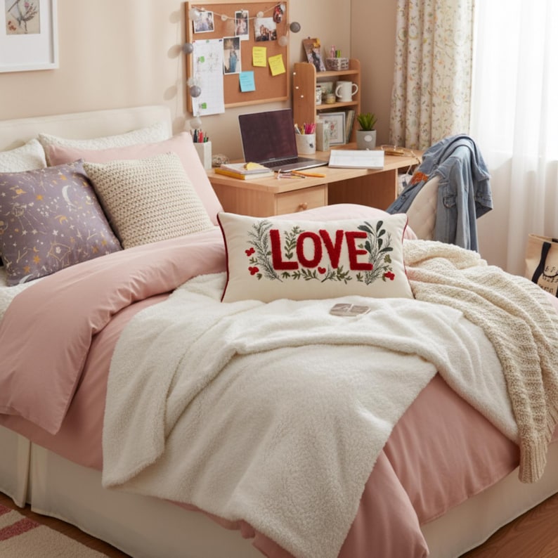 Love Embroidered Lumbar Pillow Cover: Romantic Valentine’s Cushion Case, Couple Decorative Pillowcase