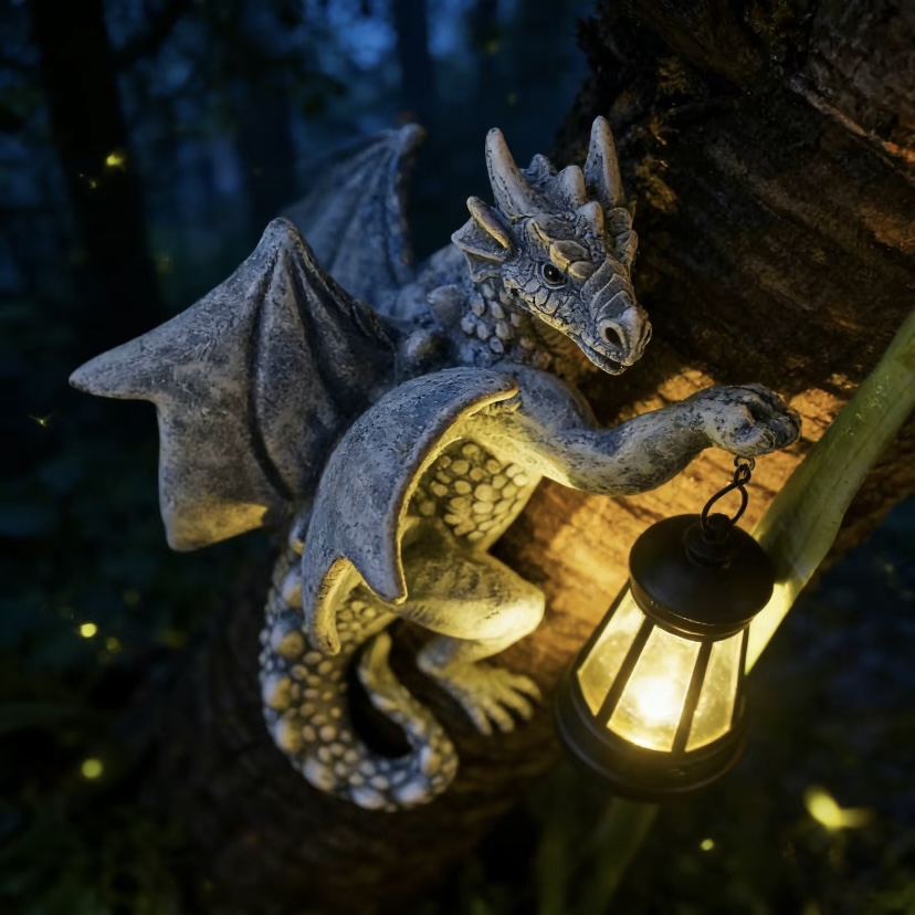 Garden Decor Dragon Hugging Tree Garden Statue with Solar Lantern