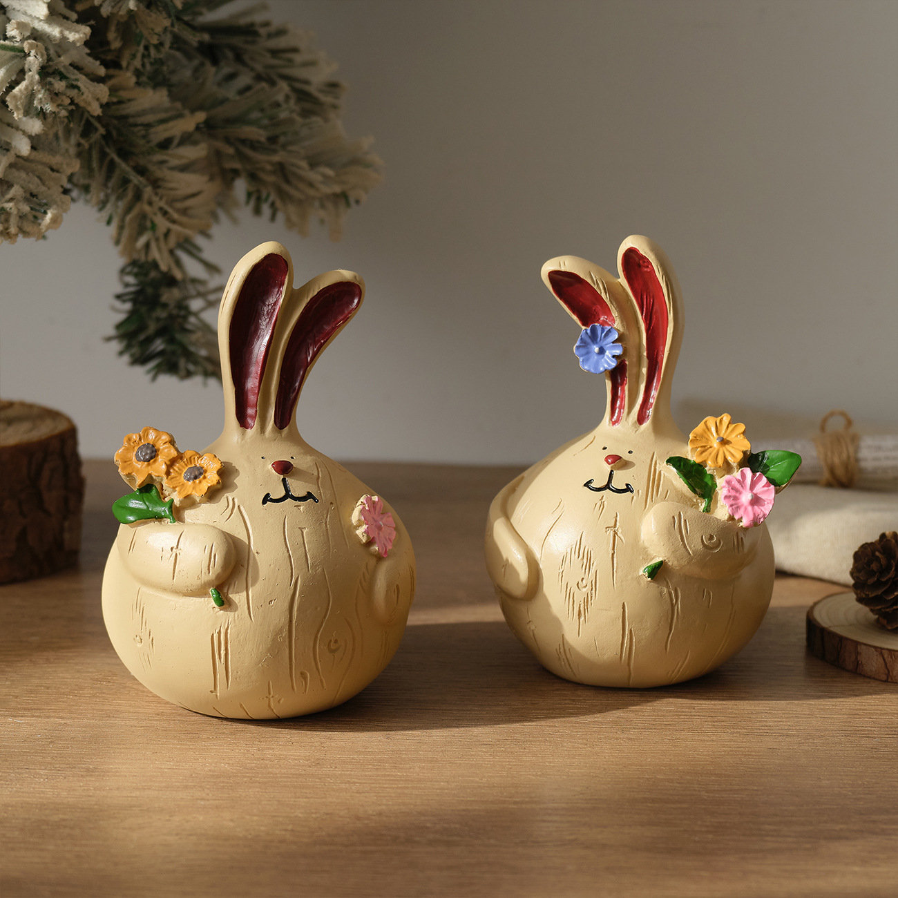 2 Pcs - Hand Painted Bunny Figurine