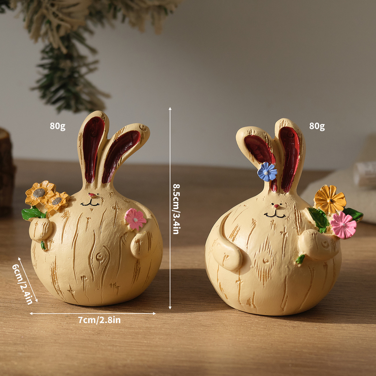 2 Pcs - Hand Painted Bunny Figurine