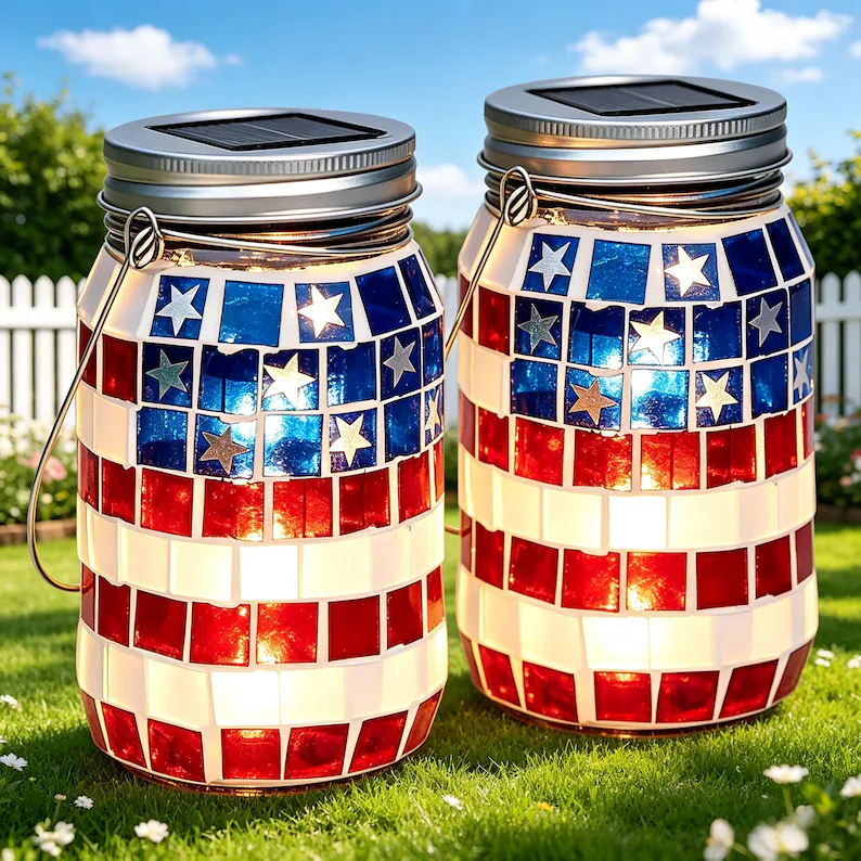 4th of July Solar Patriotic Mason Jar Lantern