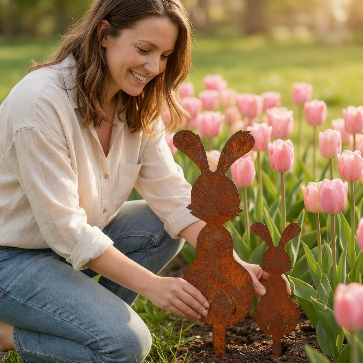 Set of 2 Rustic Metal Bunny Garden Stakes – Farmhouse Easter Yard Decor