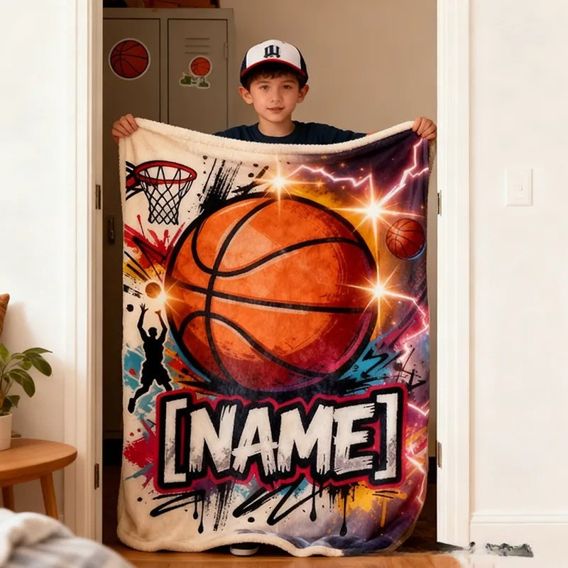 Personalized Basketball Blanket with Custom Name and Dynamic Artwork for Basketball Fans