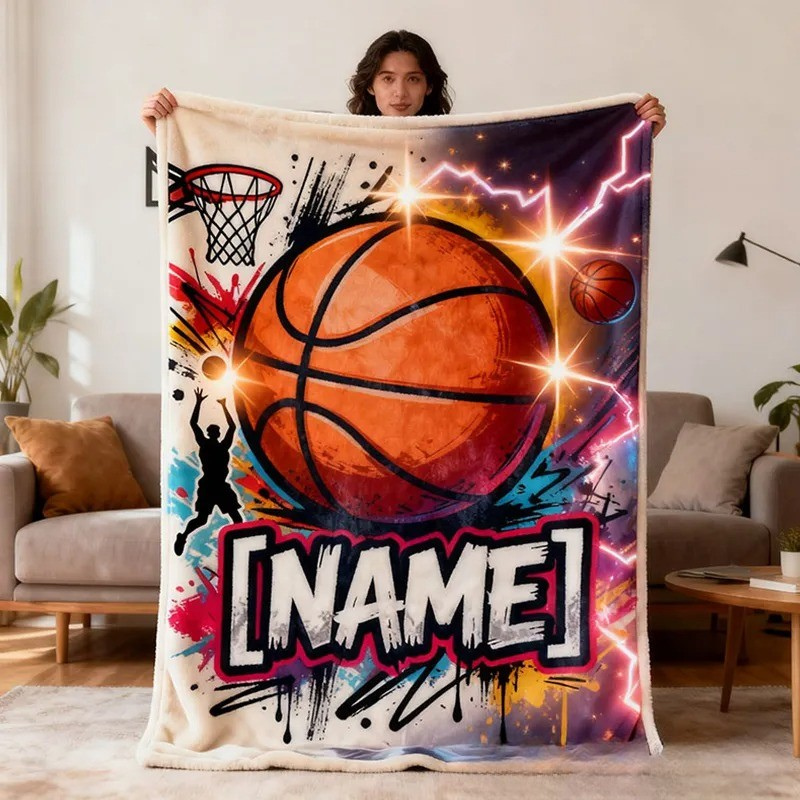 Personalized Basketball Blanket with Custom Name and Dynamic Artwork for Basketball Fans