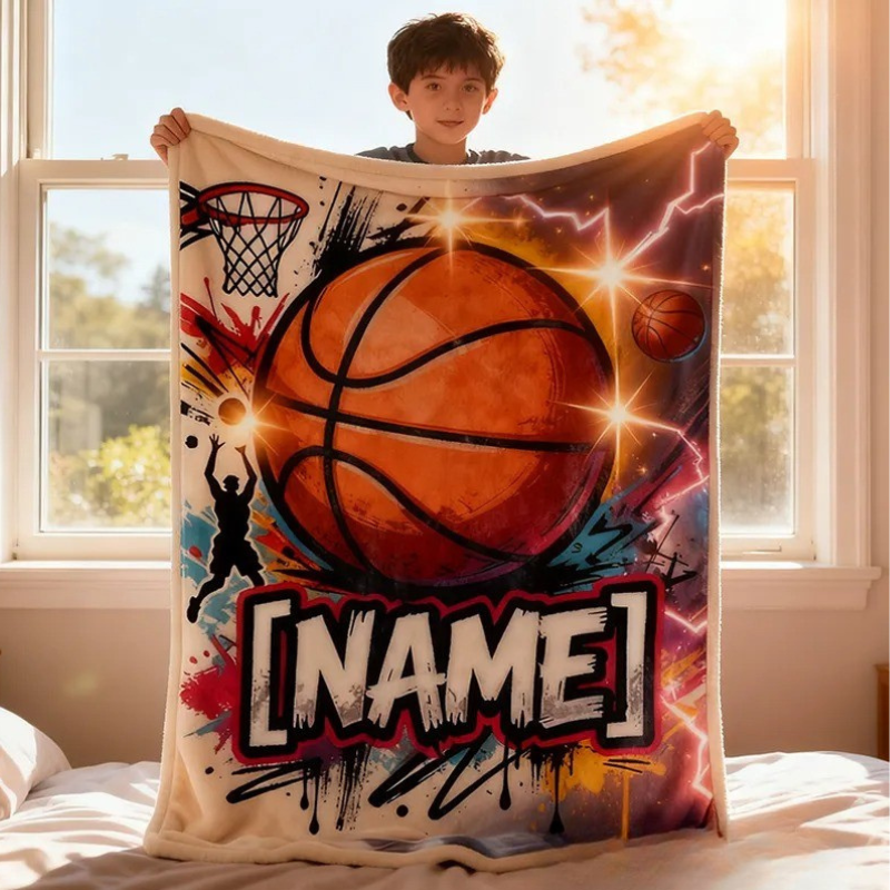 Personalized Basketball Blanket with Custom Name and Dynamic Artwork for Basketball Fans