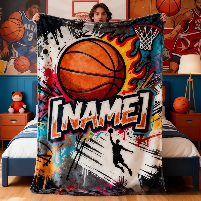 Personalized Basketball Blanket with Custom Name and Vibrant Design for Basketball Lover