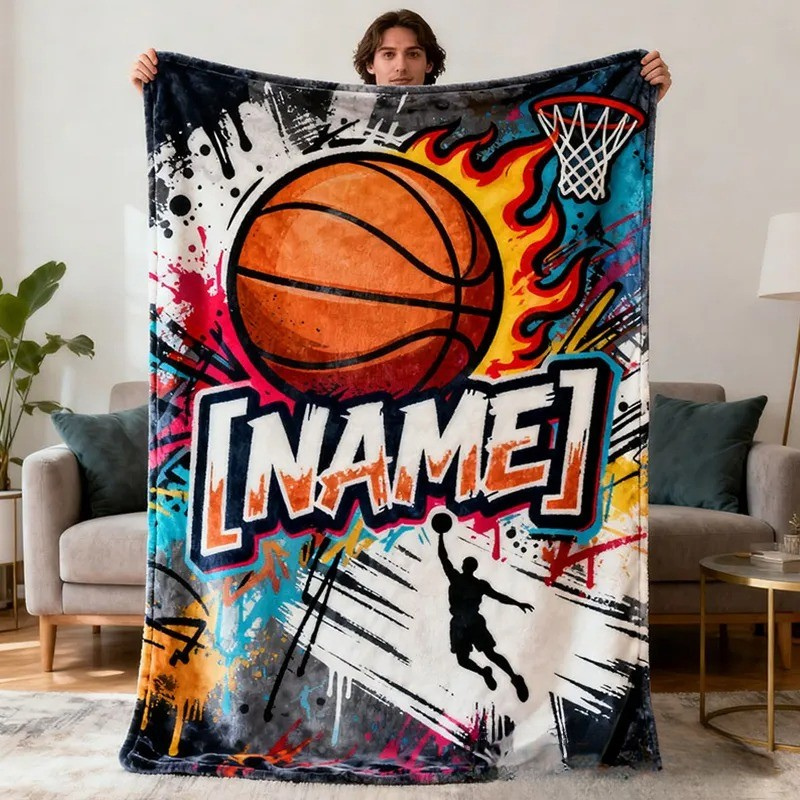 Personalized Basketball Blanket with Custom Name and Vibrant Design for Basketball Lover
