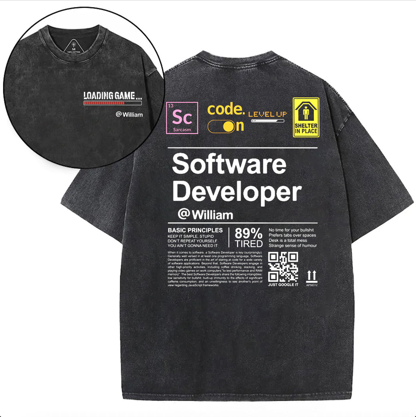 Personalized Software Developer Unisex Fit Washed T-Shirt with Name