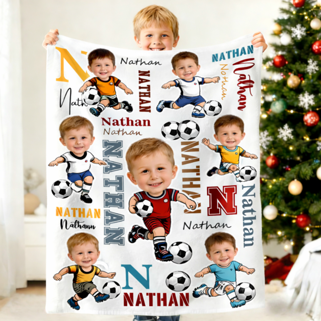 Personalized Soccer Cartoon Character Face Photo Soft Throw Blanket with Name Home Decor Birthday Game Day Gift for Soccer Lovers