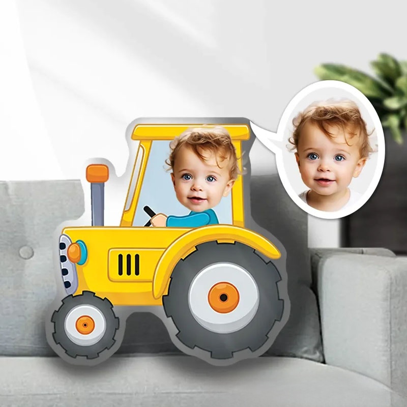 Personalized Tractor Adventure Pillows Joyful Farming Fun with Custom Photo and Bright Yellow Tractor