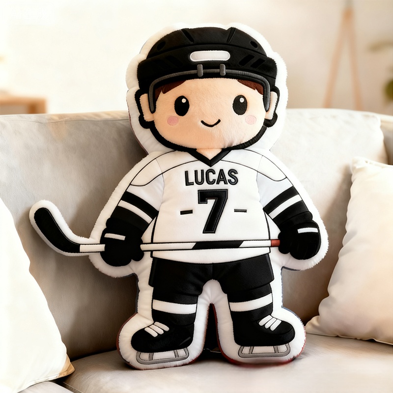Personalized Cute Ice Hockey Themed Pillow with Custom Name and Jersey Number for Kids and Fans