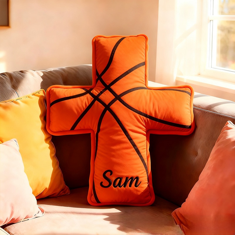 Personalized Basketball Ball Cross Pillow with Custom Home Decor Graphic 3D Print Pillow Christian Sports Gift Religious Gift for Basketball Lover