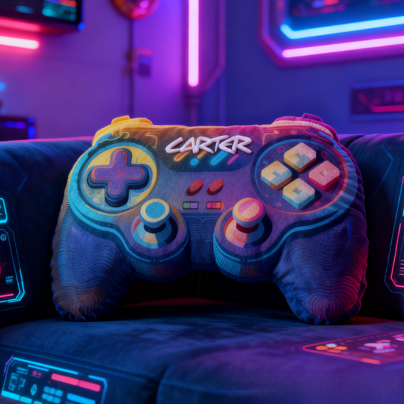 Personalized Neon-Style Game Controller Pillow Custom Gamer Lover Pillow Gift for Game Geek