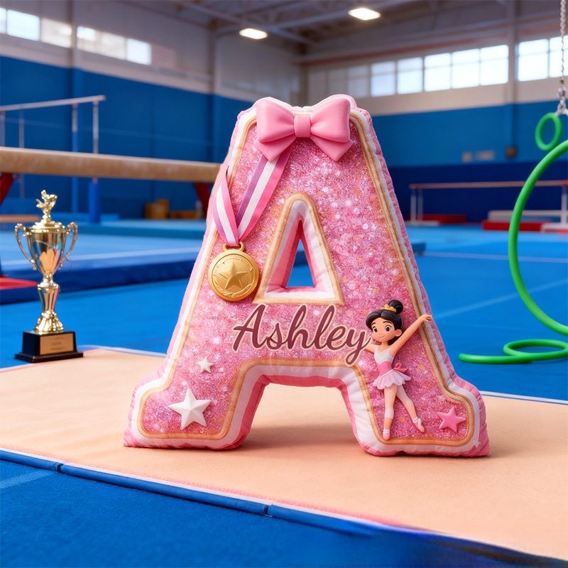 Personalized Graphic 3D Print Gliiter Style Sweet Gymnastic Alphabet Shaped Pillow for Gymnastic Lovers Initial Pillow Christmas Gift for Kids