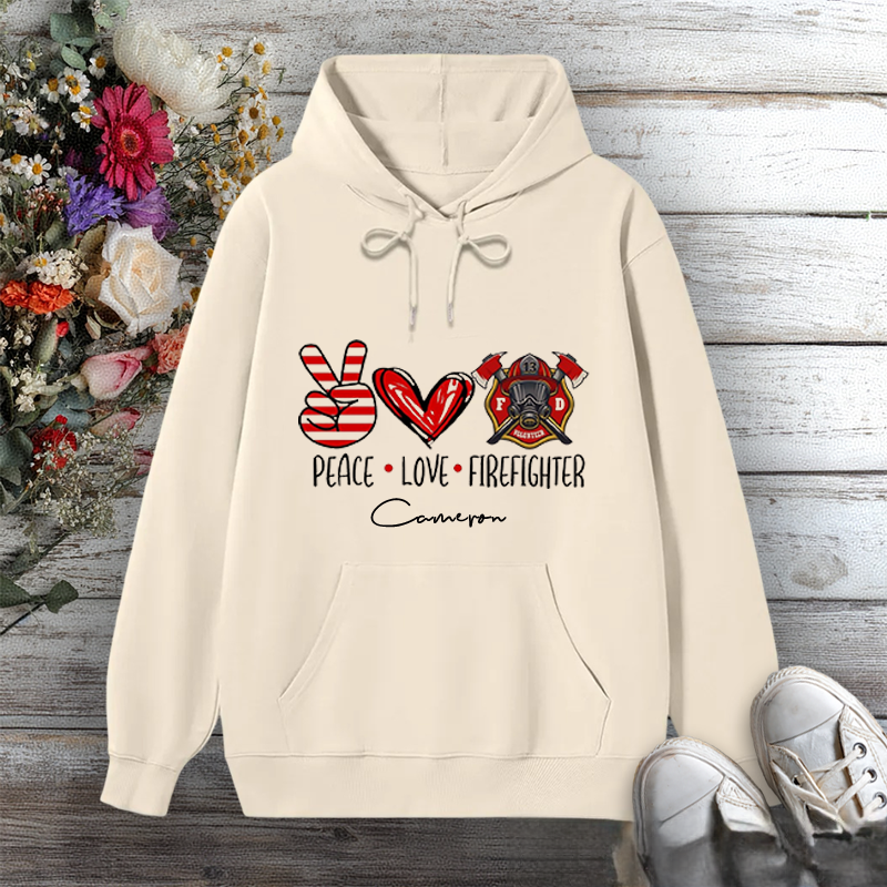 Personalized Hoodie Peace Love Firefighter Design with Hand Heart and Fire Helmet Elements Gift for Firefighter