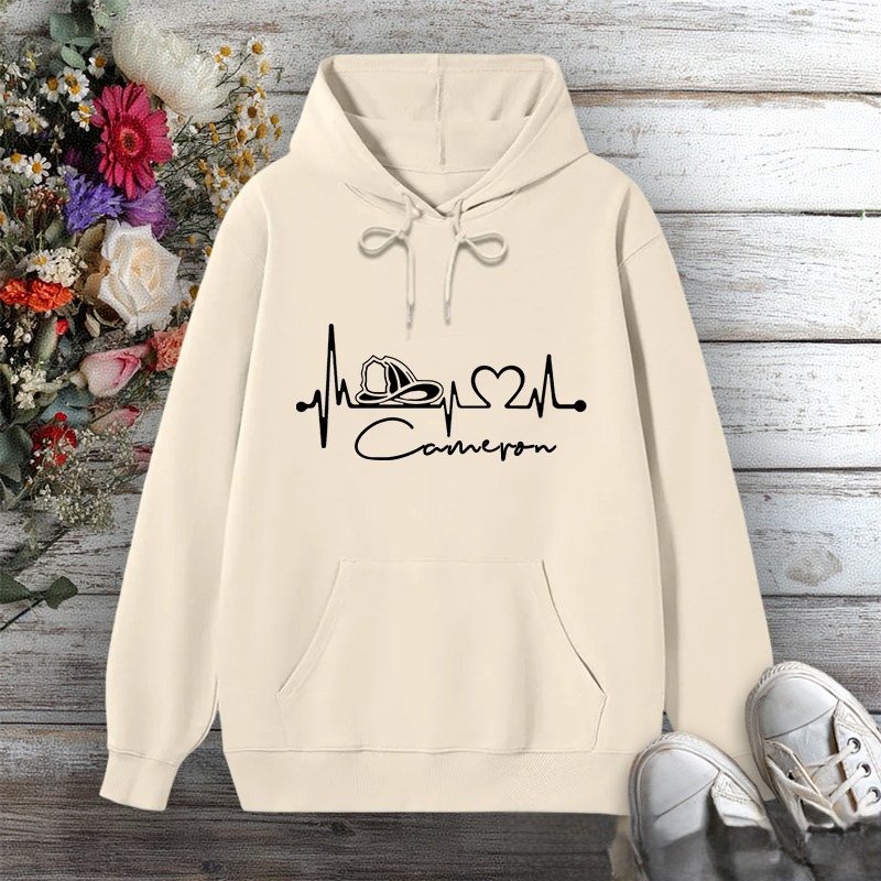 Personalized Hoodie Firefighter Heartbeat Line Design with Fire Helmet Gift for Firefighter