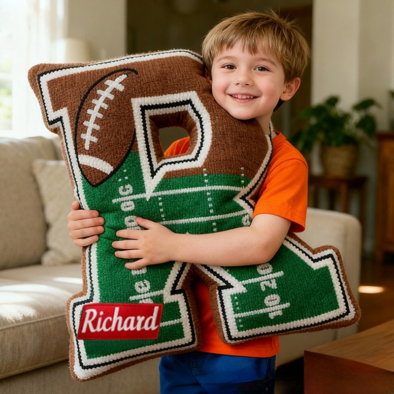 Personalized Football Field Initial Pillow with Custom Name for Kids and Sports Fans