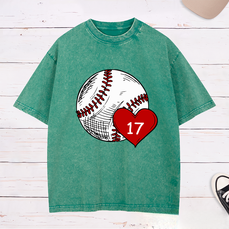 Personalized Baseball Fan Washed T-Shirts with Heart and Number Graphic for a Loving Touch