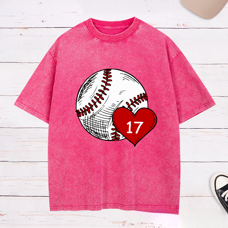 Personalized Baseball Fan Washed T-Shirts with Heart and Number Graphic for a Loving Touch