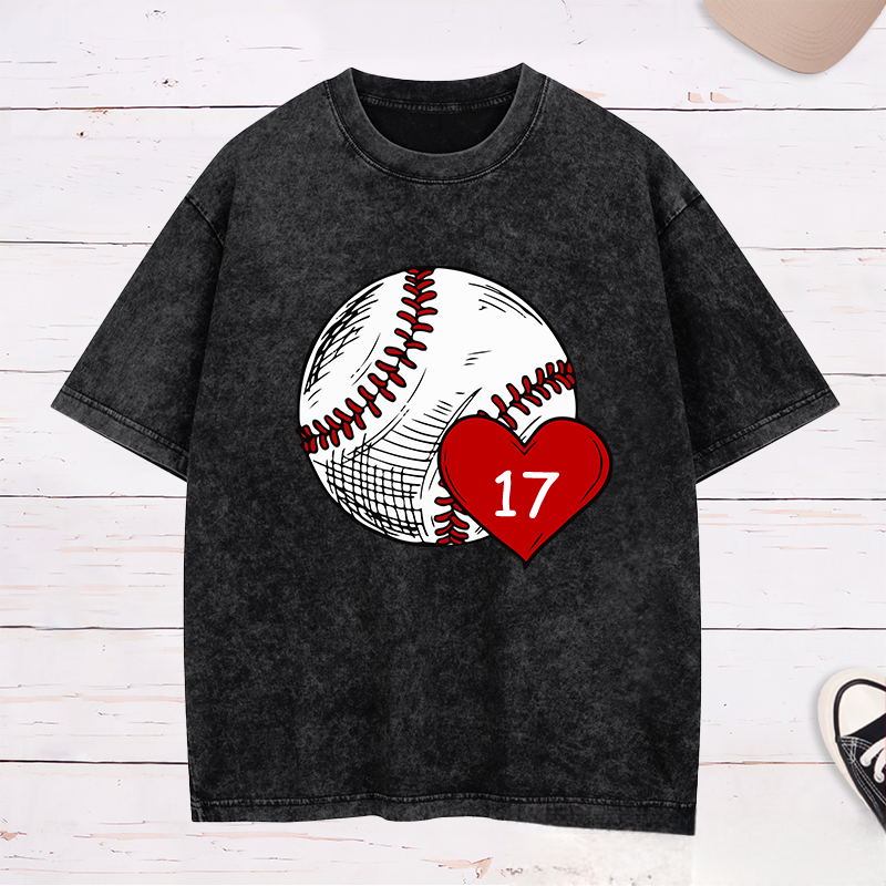 Personalized Baseball Fan Washed T-Shirts with Heart and Number Graphic for a Loving Touch