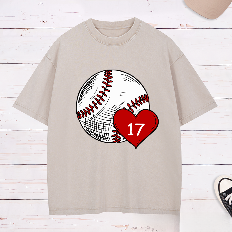 Personalized Baseball Fan Washed T-Shirts with Heart and Number Graphic for a Loving Touch