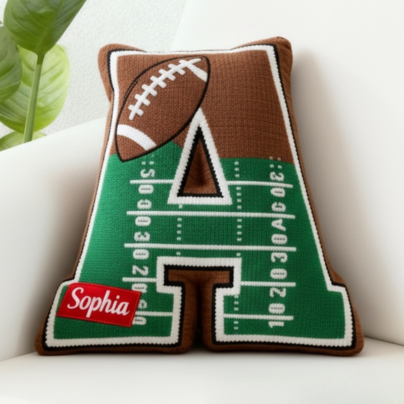 Personalized Football Field Initial Pillow with Custom Name for Kids and Sports Fans