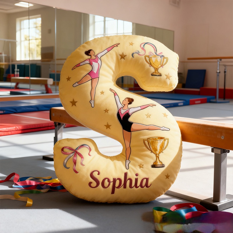 Personalized Graphic 3D Print Yellow Gymnastic Alphabet Shaped Pillow for Gymnastic Lovers Initial Pillow Christmas Gift for Kids
