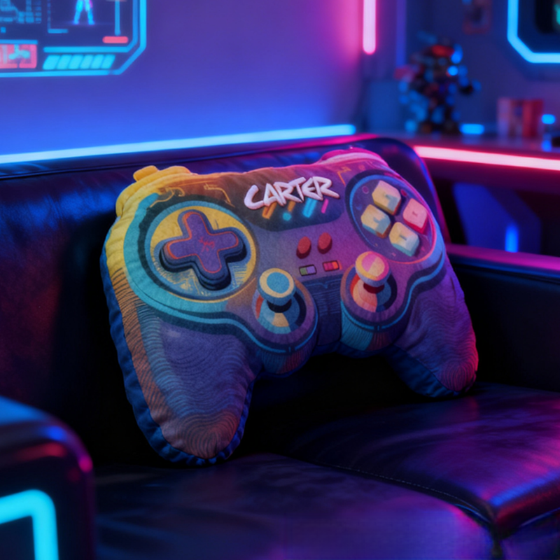 Personalized Neon-Style Game Controller Pillow Custom Gamer Lover Pillow Gift for Game Geek