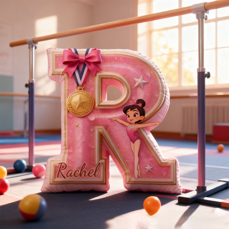 Personalized Graphic 3D Print Gliiter Style Sweet Gymnastic Alphabet Shaped Pillow for Gymnastic Lovers Initial Pillow Christmas Gift for Kids