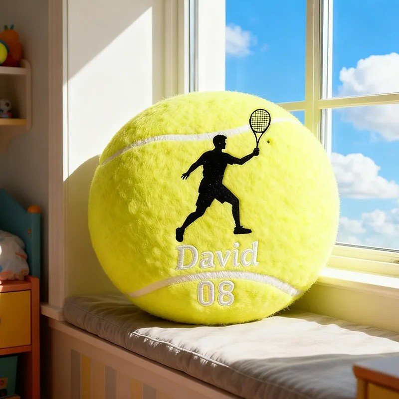 Personalized Tennis Ball Pillow with Player Graphic and Custom Details for Sports Fans