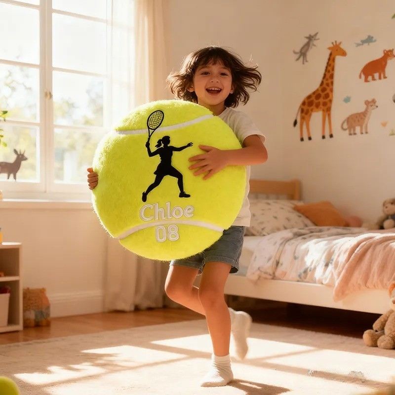Personalized Tennis Ball Pillow with Player Graphic and Custom Details for Sports Fans