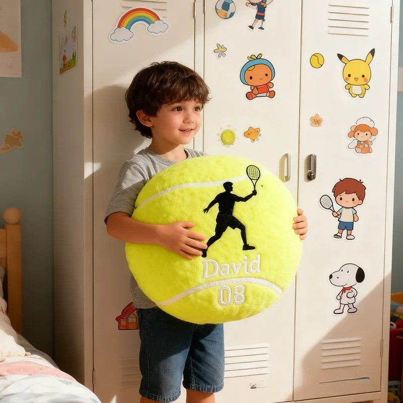 Personalized Tennis Ball Pillow with Player Graphic and Custom Details for Sports Fans