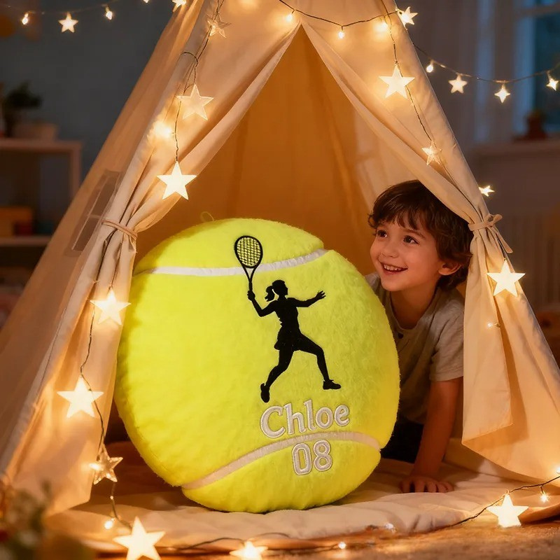 Personalized Tennis Ball Pillow with Player Graphic and Custom Details for Sports Fans