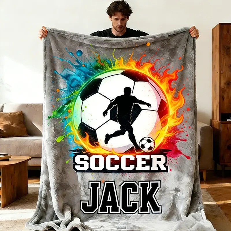 Personalized Soccer Blanket with Custom Name and Fiery Design for Soccer Enthusiasts