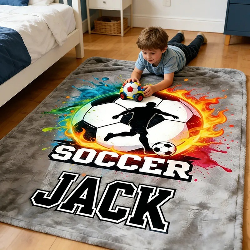 Personalized Soccer Blanket with Custom Name and Fiery Design for Soccer Enthusiasts