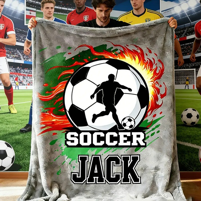 Personalized Soccer Blanket with Custom Name and Fiery Design for Soccer Enthusiasts