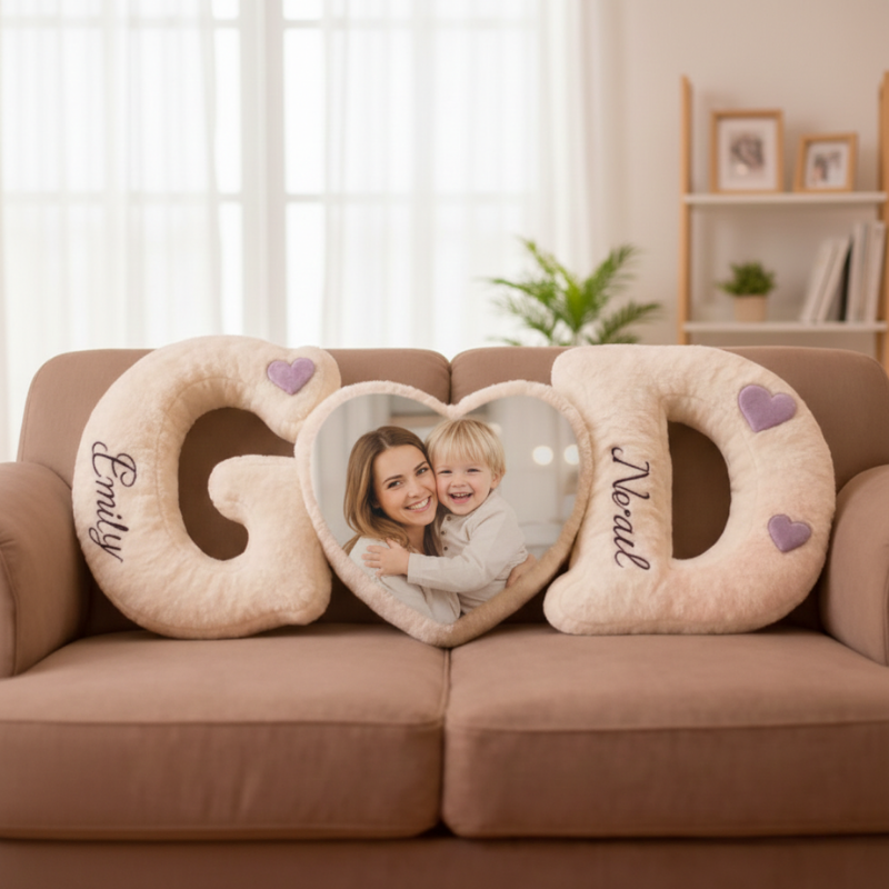 Personalized Photo Heart Shaped Pillow with Name - Custom Mother &Kids Pillow Sets - Unique Mother's Day and New Baby Gift