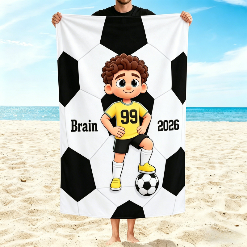  Personalized Kids'Football Beach Towel with Number&Name—Perfect for Football Lovers